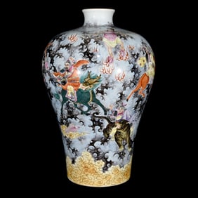 A Rare Famille-Rose Ink Color Painted Gold Character and Story Pattern Vase