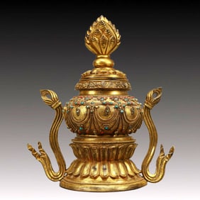 A Rare Gilt Bronze Double-Ears Pot,Inlaid Turquoise