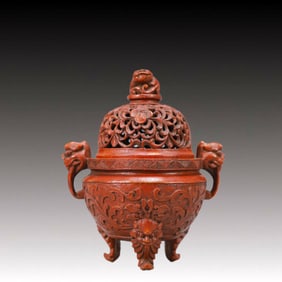 An Exquisite Bamboo Lotus Pattern Double-Ears and Tripod Censer