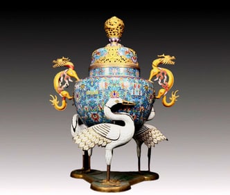 A Huge Cloisonne Lotus Pattern Dragon-Ears and Crane-Foot with Cover Censer
