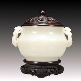 An Exquisite White Jade Inlaid Zitanwood Double-Ears Censer