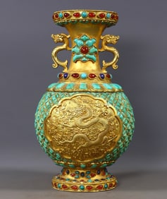 An Exquisite Gilt Bronze Dragon Pattern Double-Ears Vase,Inlaid Turquoise