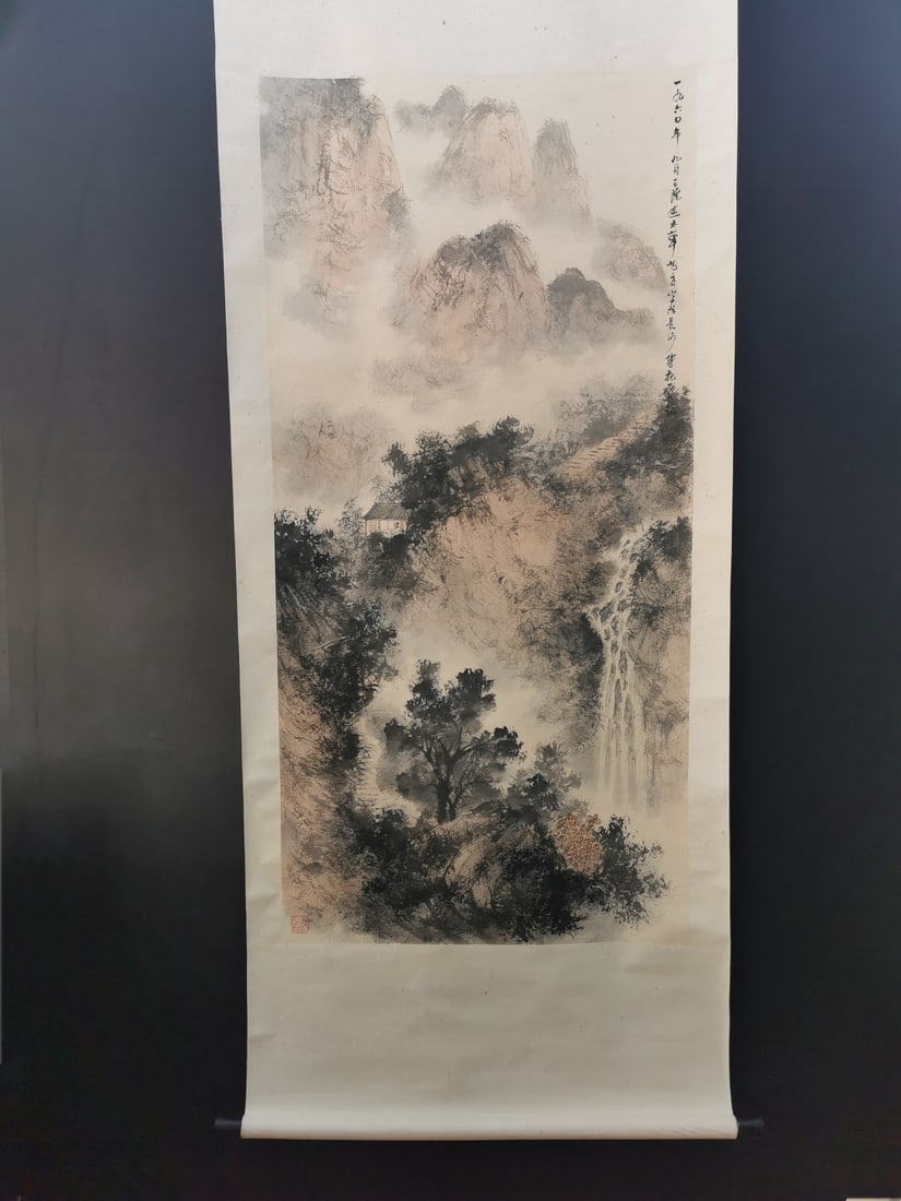 A Chinese Vertical Scroll Ink Painting of Landscape and Figure on Paper,Fu Baoshi: A Chinese Vertical Scroll Ink Painting of Landscape and Figure on Paper,Fu Baoshi,Size:26.4inx54.3in 一幅中国水墨山水人物画立
