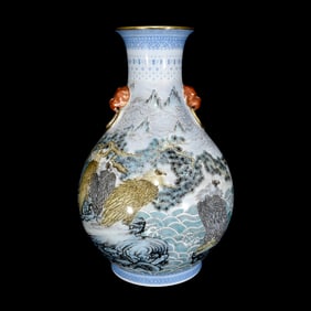A Rare Enamel Painted Gold Seawater,Pine and Eagle Pattern Beast-Ears Vase