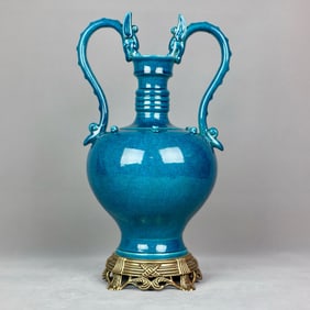 A Huge Blue Glazed Inlaid Bronze Dragon-Ears Vase