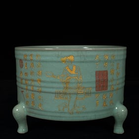 An Exquisite Ru yao Painted Gold Woman Pattern Tripod Jar,With Poem