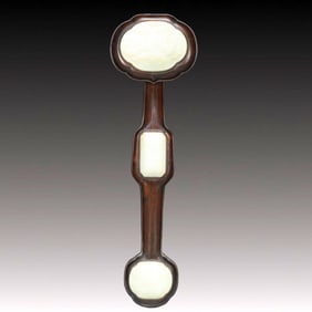 A Huge Zitanwood Inlaid White Jade Ruyi,with poem