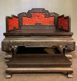 A Rare Zitanwood Carved Red Lacquer Dragon Pattern Chair