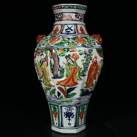 A Huge Wucai Figure Pattern Beast-Ears Vase