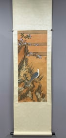 A Chinese Vertical Scroll Ink Painting of Flower and Bird on Silk,Lv Ji