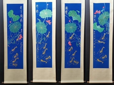 A Chinese Vertical Scroll Ink Painting of Lotus and Shrimp on Paper,Qi Baishi
