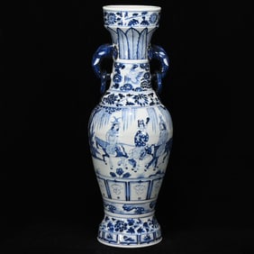 A Huge Blue and White Character and Story Pattern Elephant-Ears Vase,With Poem