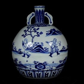 An Exquisite Blue and White Landscape and Figure Pattern Double-Ears Vase