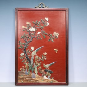 A Exquisite Zitanwood Inlaid Gems Flower and Bird Pattern Hanging Panel