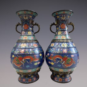 A Pair of Exquisite Cloisonne Lotus Pattern Dragon Pattern Double-Ears Vase