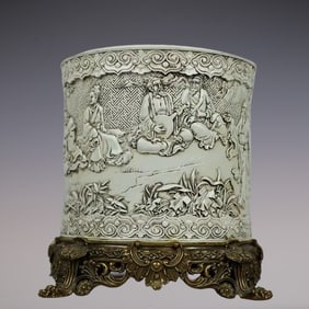 An Exquisite Sweet white glaze Inlaid Bronze Character and Story Pattern Brush Pot