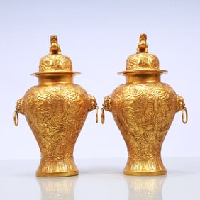 A Exquisite A pair of Gilt Bronze Dragon Pattern Double-Ears Vase