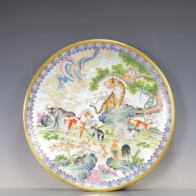 A Exquisite Coppery Enamel Auspicious Beast Pattern Flower and Butterfly Pattern Landscape and
