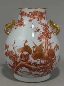 An Exquisite Iron-Red Painted Gold Pine and Crane Pattern with poem Double-Ears Jar