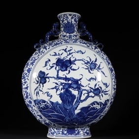 An Exquisite Blue and White Lotus Pattern Bats and Peach Pattern Seawater Pattern Double-Ears Vase