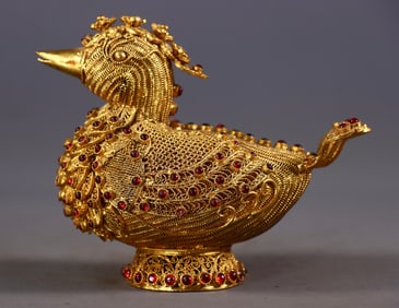 An Exquisite Gilt Bronze Inlaid Gems Mandarin Duck Ornament