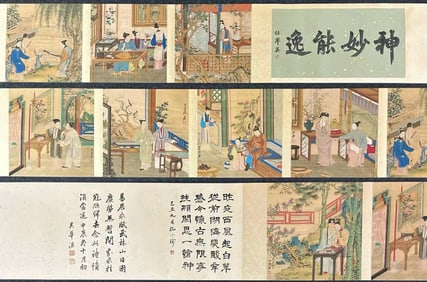 A Chinese Hand Scroll Ink Painting of Character and Story on Silk