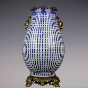 An Exquisite Blue and White Inlaid Bronze Double-Ears Vase
