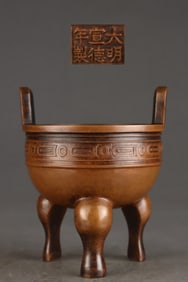 An Exquisite Gilt Bronze Beast-Face Pattern Double-Ears and Tripod Censer