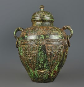 A Exquisite Bronze Beast-Face Pattern Double-Ears Vase