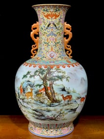 A Pair of Exquisite Famille-Rose Lotus Pattern Sika Deer Pattern Landscape Pattern Double-Ears Vase