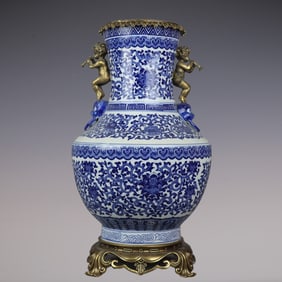 An Exquisite Blue and White Inlaid Bronze Lotus Pattern Double-Ears Vase