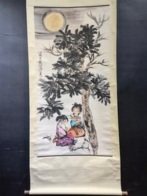 A Chinese Vertical Scroll Ink Painting of Character and Story on Paper