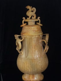 An Exquisite White Jade Dragon and Phoenix Pattern Double-Ears Vase