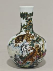 An Exquisite Famille-Rose Pine Pattern Tiger Pattern with poem Vase