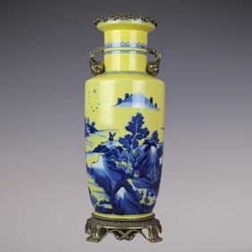 An Exquisite Blue and White Inlaid Bronze Landscape and Figure Pattern Double-Ears Vase