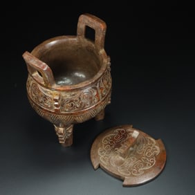 An Exquisite Archaic Jade Auspicious Beast Pattern Double-Ears and Tripod Censer