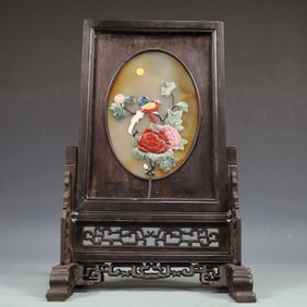A Exquisite Zitanwood Inlaid Agate Flower and Bird Pattern with poem Screen