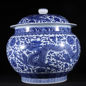 An Exquisite Blue and White Lotus Pattern Dragon Pattern Seawater Pattern Jar