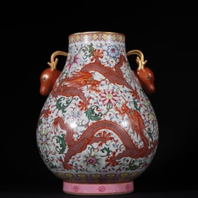 An Exquisite Famille-Rose Iron-Red Dragon Pattern Lotus Pattern Double-Ears Vase