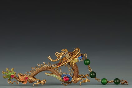 An Exquisite Gilt Silver Inlaid Gems Dragon Ornament