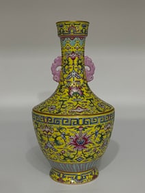 An Exquisite Famille-Rose Lotus Pattern Bats and Peach Pattern Double-Ears Vase