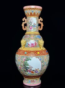 A Pair of Exquisite Famille-Rose Lotus Pattern Pine Pattern Character and Story Pattern Double-Ears