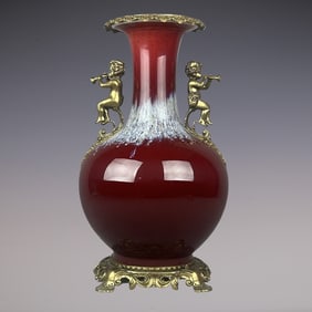 An Exquisite Flambe Glazed Inlaid Bronze Double-Ears Vase