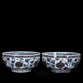 A Pair of Exquisite Blue and White Underglaze-Red Dragon Pattern Lotus Pattern Bowl