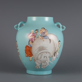 An Exquisite Famille-Rose Green Ground Character and Story Pattern Double-Ears Jar