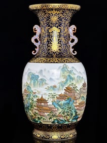 An Exquisite Ji Blue Glazed Painted Gold Lotus Pattern Landscape Pattern with poem Double-Ears Vase