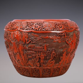 A Exquisite Carved Red Lacquer Lotus Pattern Landscape and Figure Pattern Jar