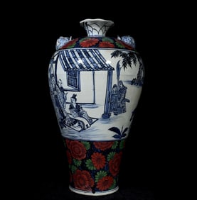 An Exquisite Blue and White Character and Story Pattern Flower Pattern with poem Double-Ears Vase
