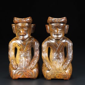 A Pair of Exquisite Archaic Jade Figure Ornament