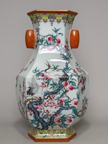 An Exquisite Famille-Rose Lotus Pattern Flower and Bird Pattern with poem Double-Ears Vase